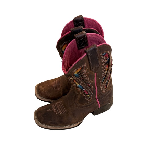 Ariat Other - Ariat Girls Western Cowgirl Boots Size 10 Brown Pink Embroidered Leather